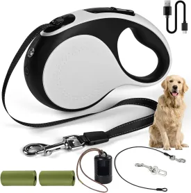 16ft Heavy Duty Retractable Dog Leash with Chew Proof Cable-for Dog up to 110lbs, with Rechargeable LED Light, Dispenser, Poop Bags, 360 No Tangle, One-Handed Brake & Lock. (White, 16ft LED)