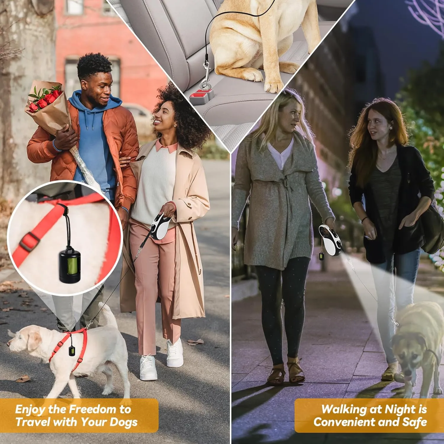 16ft Heavy Duty Retractable Dog Leash with Chew Proof Cable-for Dog up to 110lbs, with Rechargeable LED Light, Dispenser, Poop Bags, 360 No Tangle, One-Handed Brake & Lock. (White, 16ft LED)
