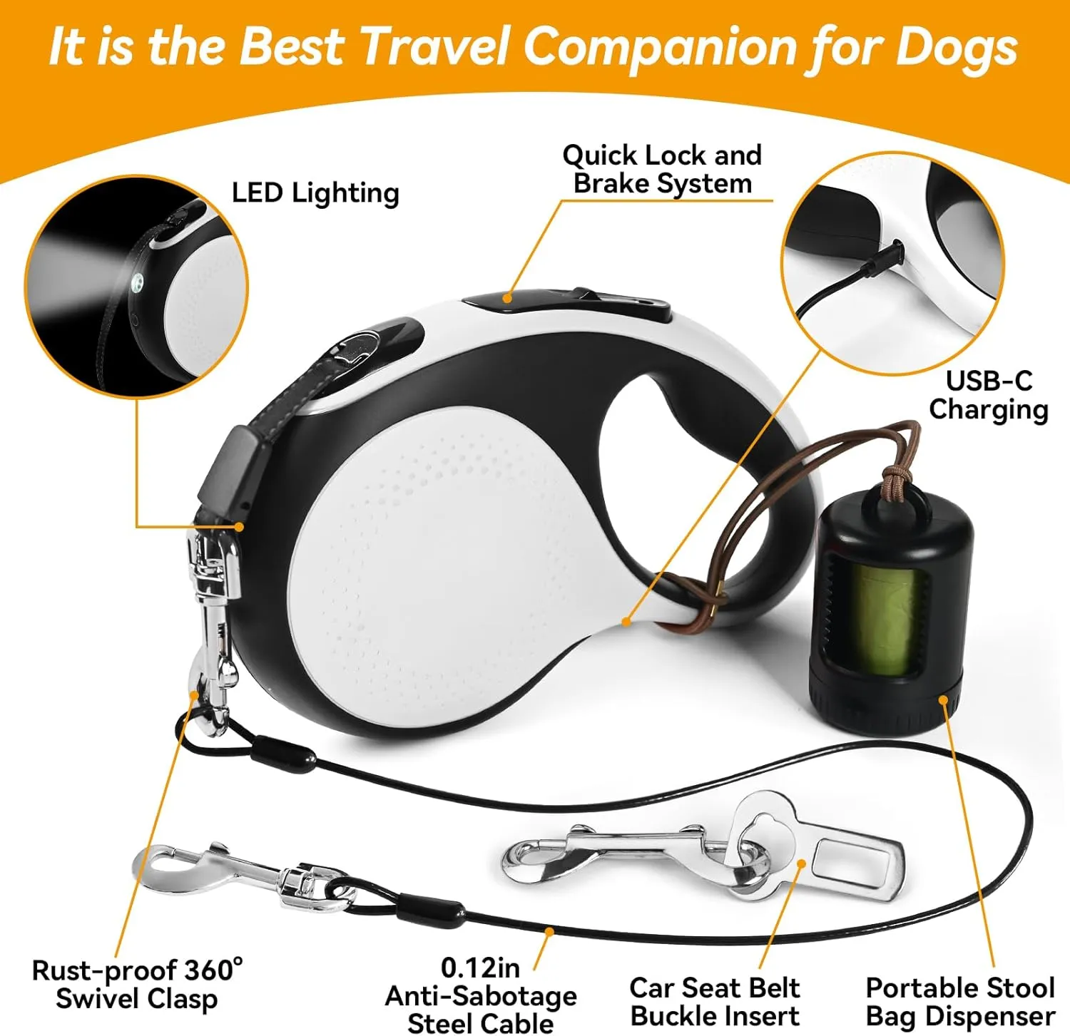 16ft Heavy Duty Retractable Dog Leash with Chew Proof Cable-for Dog up to 110lbs, with Rechargeable LED Light, Dispenser, Poop Bags, 360 No Tangle, One-Handed Brake & Lock. (White, 16ft LED)