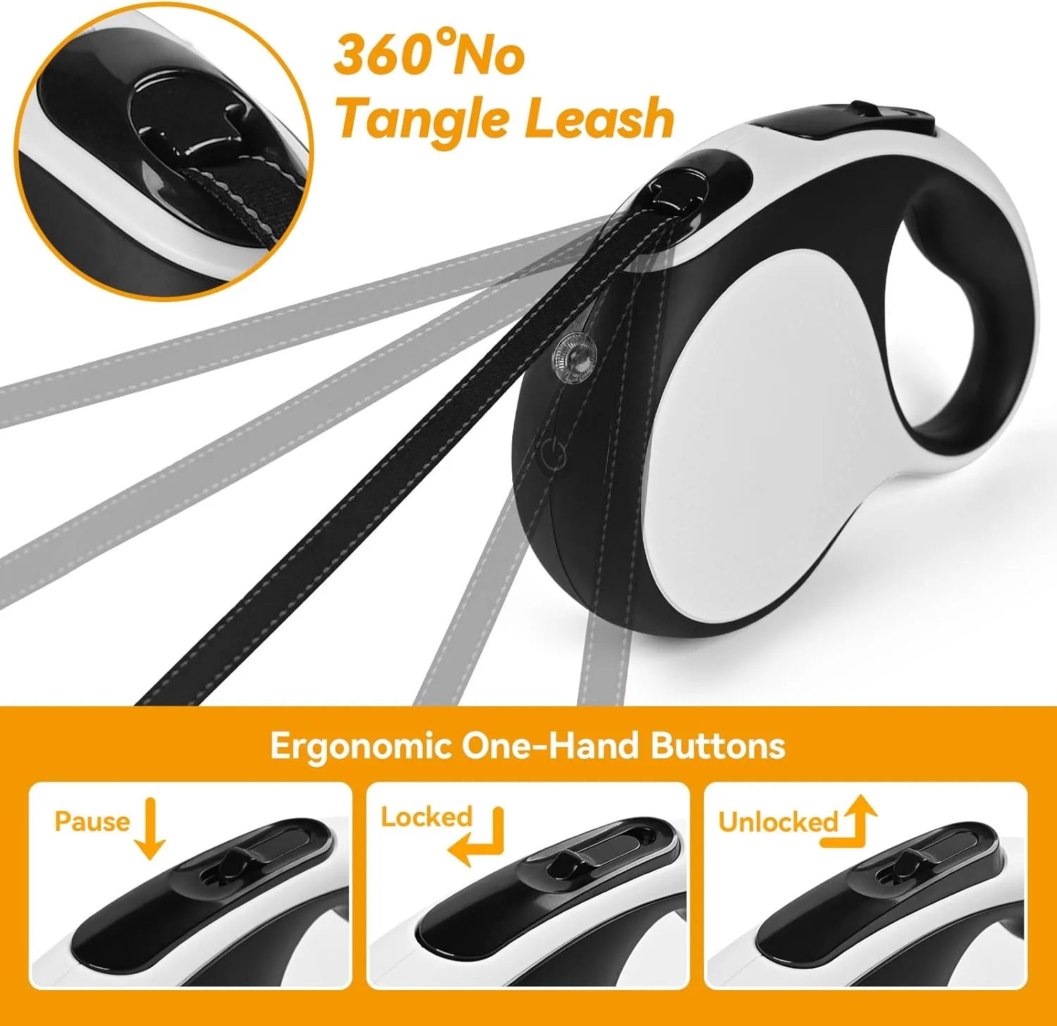 16ft Heavy Duty Retractable Dog Leash with Chew Proof Cable-for Dog up to 110lbs, with Rechargeable LED Light, Dispenser, Poop Bags, 360 No Tangle, One-Handed Brake & Lock. (White, 16ft LED)