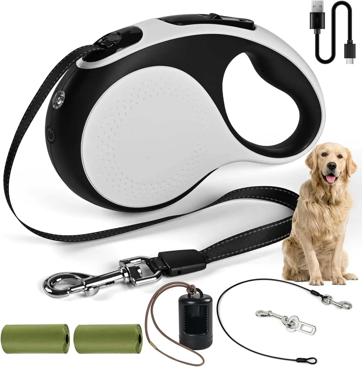 16ft Heavy Duty Retractable Dog Leash with Chew Proof Cable-for Dog up to 110lbs, with Rechargeable LED Light, Dispenser, Poop Bags, 360 No Tangle, One-Handed Brake & Lock. (White, 16ft LED)