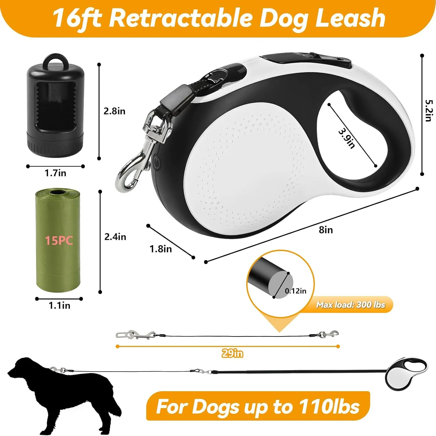16ft Heavy Duty Retractable Dog Leash with Chew Proof Cable-for Dog up to 110lbs, with Rechargeable LED Light, Dispenser, Poop Bags, 360 No Tangle, One-Handed Brake & Lock. (White, 16ft LED)