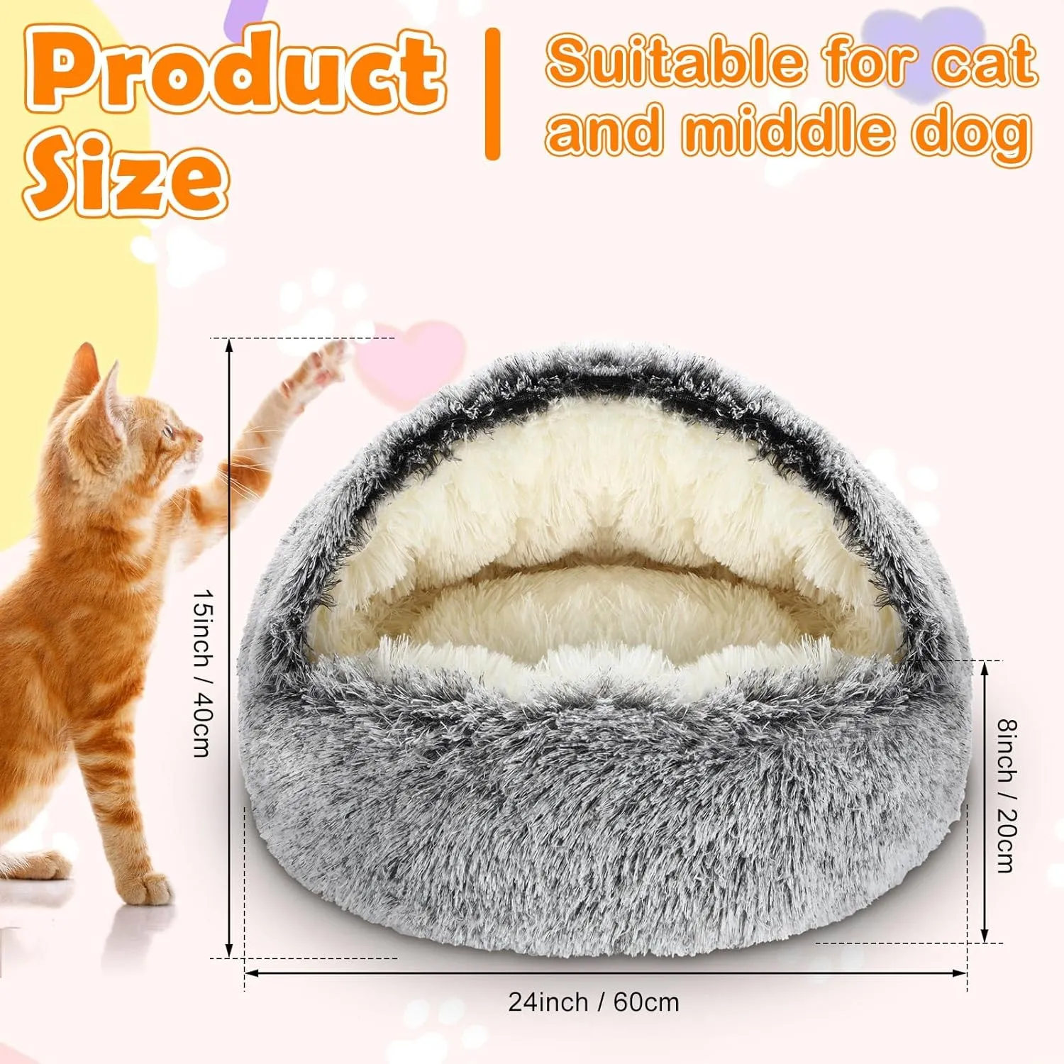 2 PCS Self Warming Cat Beds Covered Round Kitten Bed Cave Fluffy Dog Heating Pad Plush Hooded Self Heating Pet Beds with Non-Slip Bottom for Indoor Cat or Small Middle Dog(Dark Grey,24 in)