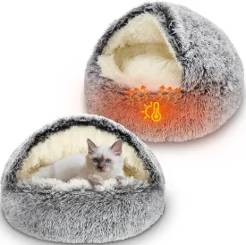 2 PCS Self Warming Cat Beds Covered Round Kitten Bed Cave Fluffy Dog Heating Pad Plush Hooded Self Heating Pet Beds with Non-Slip Bottom for Indoor Cat or Small Middle Dog(Dark Grey,24 in)