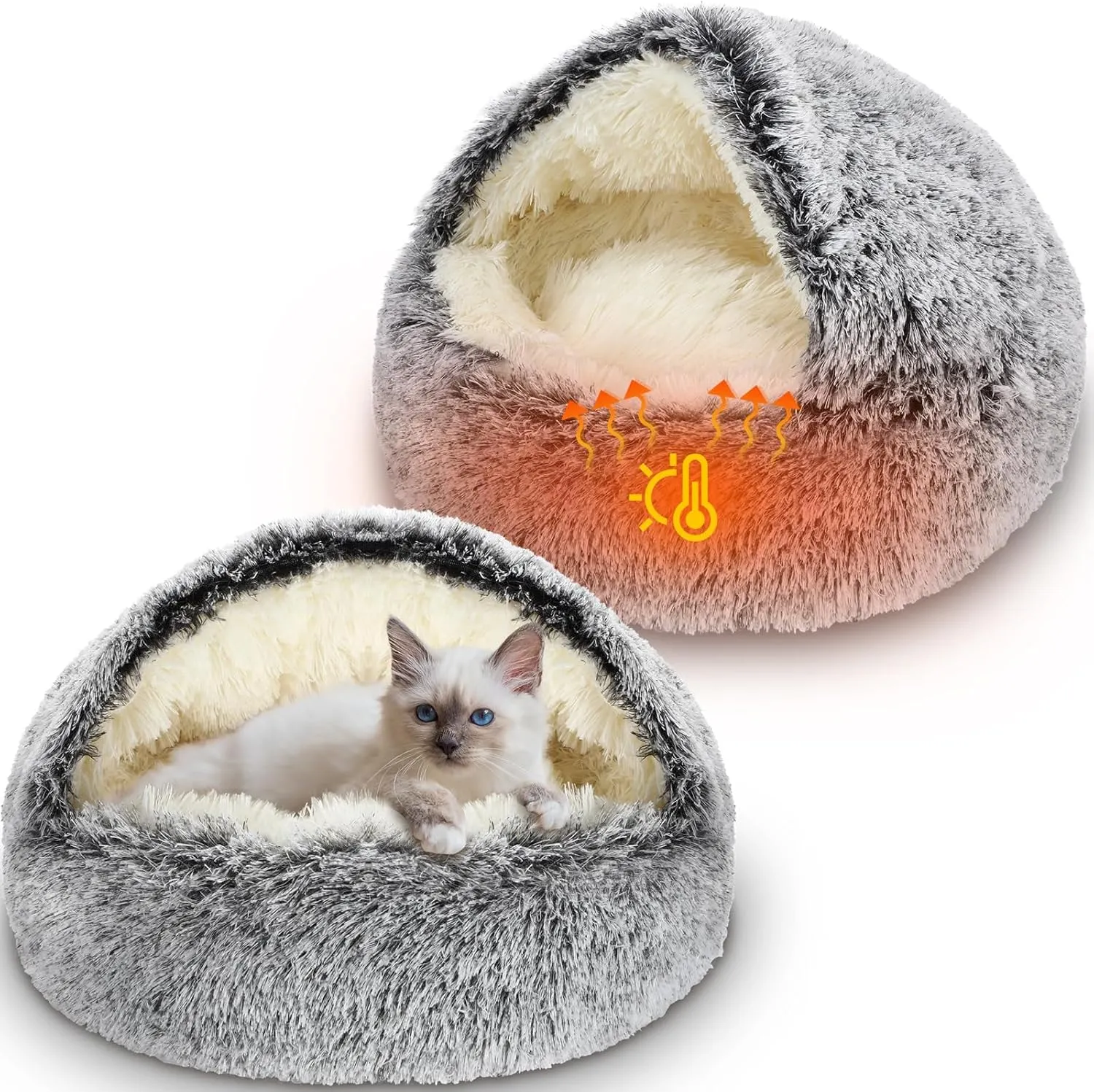 2 PCS Self Warming Cat Beds Covered Round Kitten Bed Cave Fluffy Dog Heating Pad Plush Hooded Self Heating Pet Beds with Non-Slip Bottom for Indoor Cat or Small Middle Dog(Dark Grey,24 in)