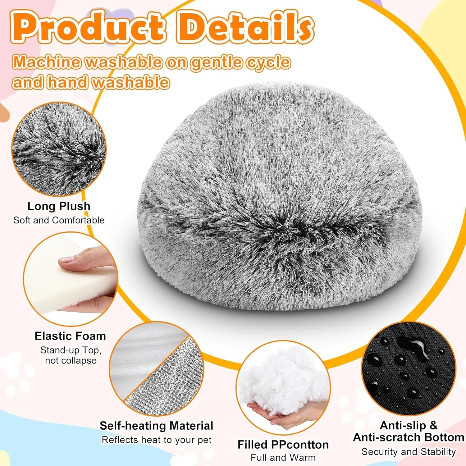 2 PCS Self Warming Cat Beds Covered Round Kitten Bed Cave Fluffy Dog Heating Pad Plush Hooded Self Heating Pet Beds with Non-Slip Bottom for Indoor Cat or Small Middle Dog(Dark Grey,24 in)