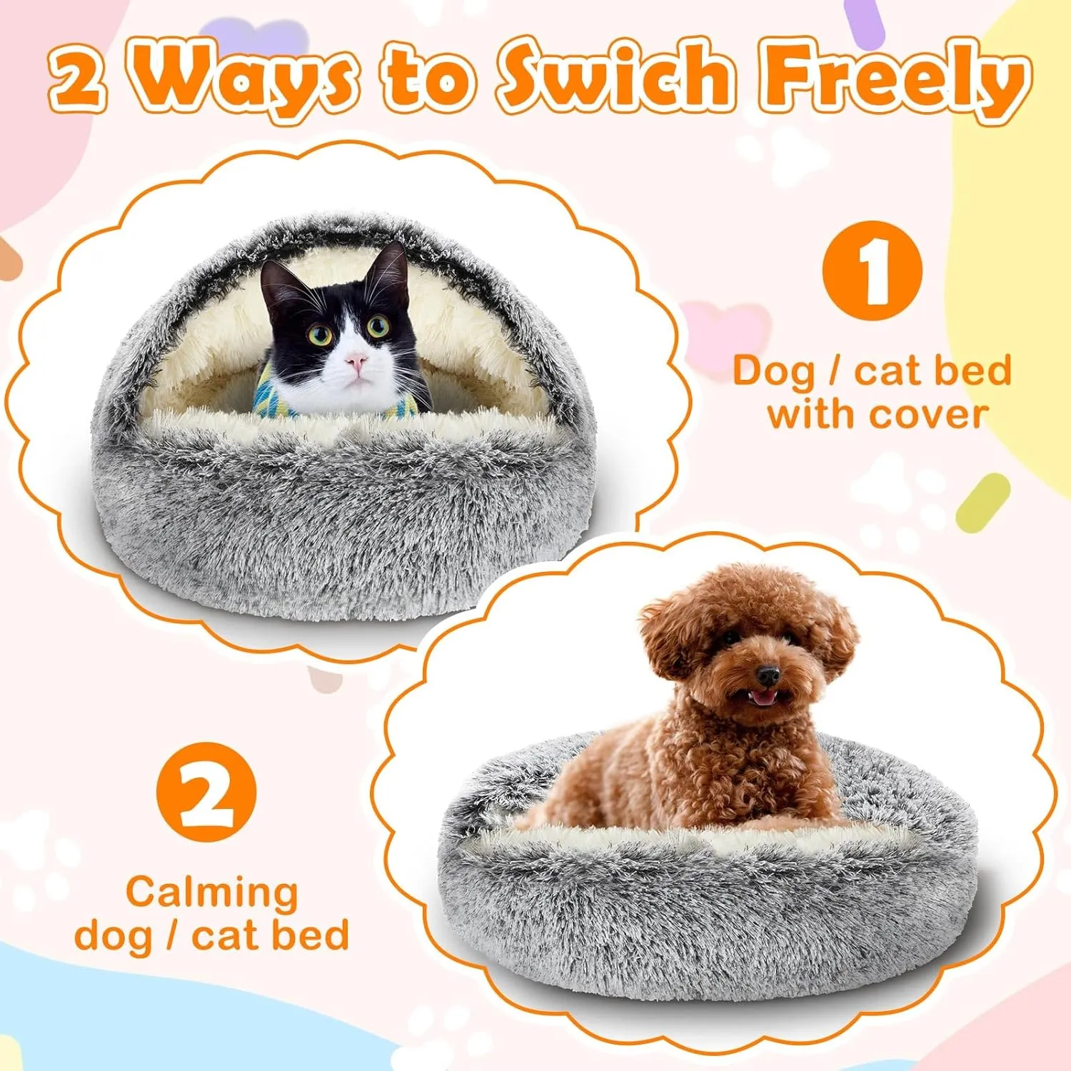 2 PCS Self Warming Cat Beds Covered Round Kitten Bed Cave Fluffy Dog Heating Pad Plush Hooded Self Heating Pet Beds with Non-Slip Bottom for Indoor Cat or Small Middle Dog(Dark Grey,24 in)