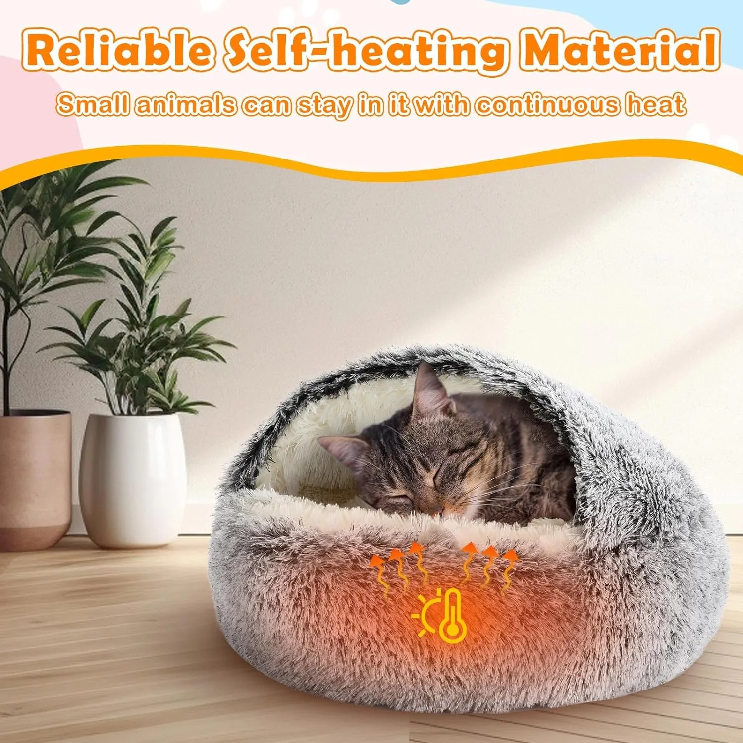 2 PCS Self Warming Cat Beds Covered Round Kitten Bed Cave Fluffy Dog Heating Pad Plush Hooded Self Heating Pet Beds with Non-Slip Bottom for Indoor Cat or Small Middle Dog(Dark Grey,24 in)