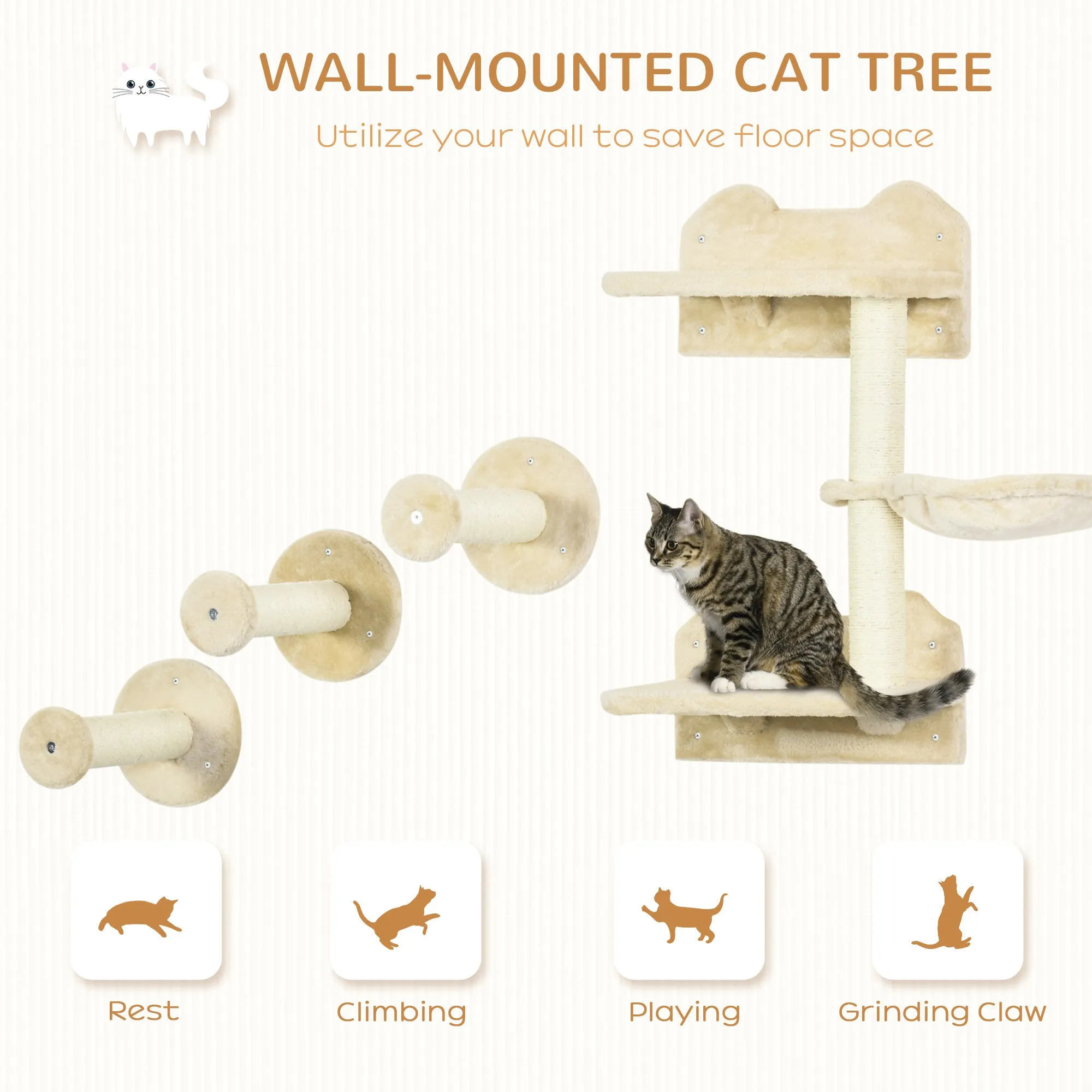 4Piece Cat Shelf Cat Wall FurnitureWith Hammock Steps Platforms Scratching Post Wall Mounted Cat Tree for Indoor Cat Beige