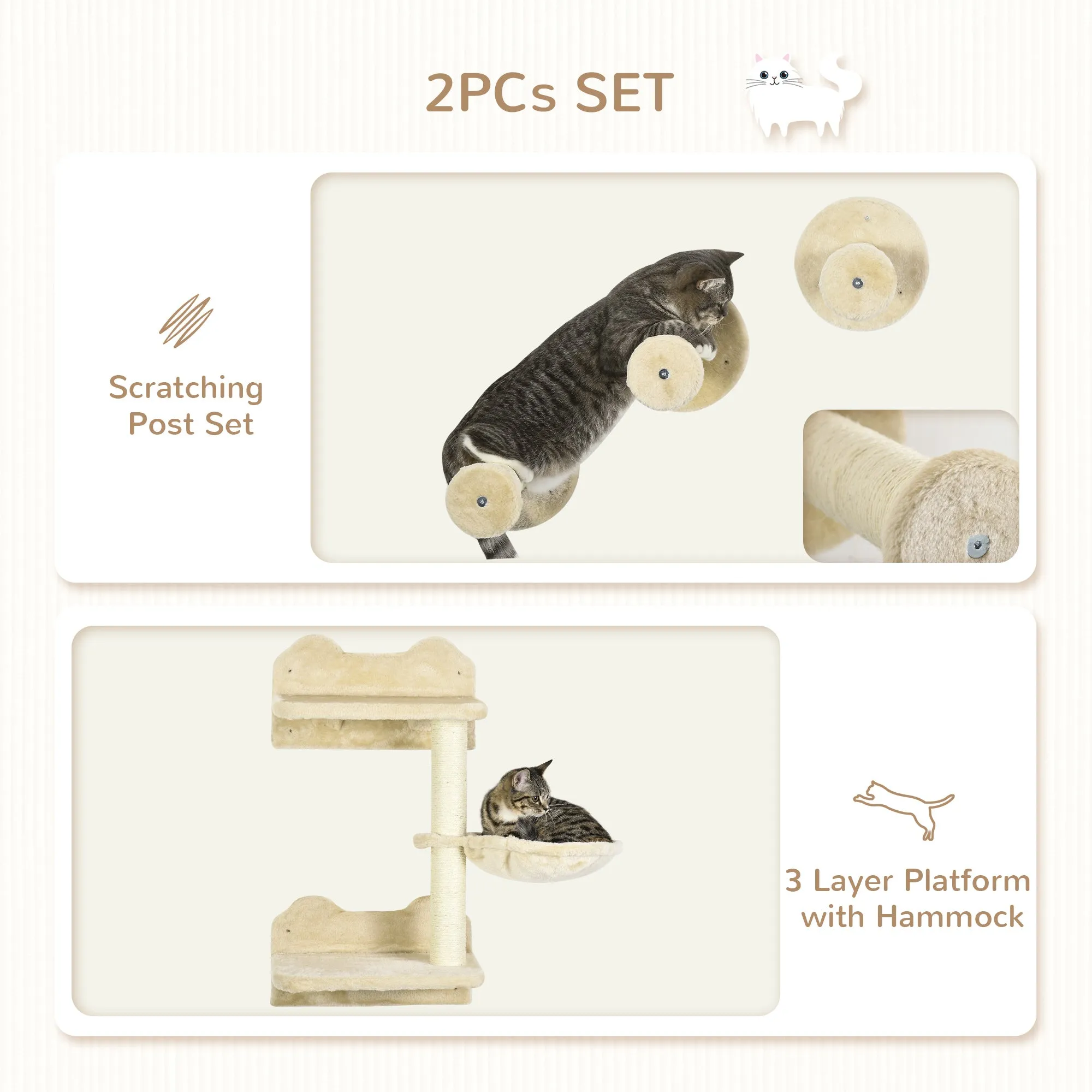 4Piece Cat Shelf Cat Wall FurnitureWith Hammock Steps Platforms Scratching Post Wall Mounted Cat Tree for Indoor Cat Beige