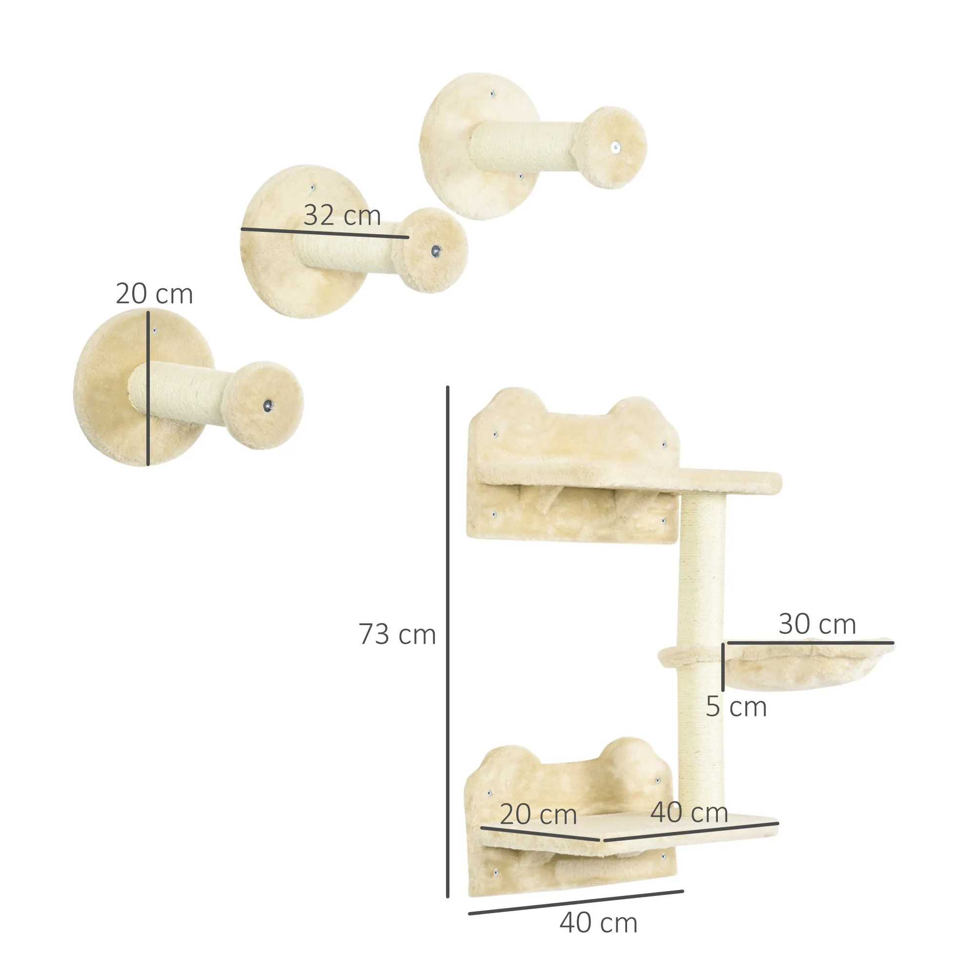 4Piece Cat Shelf Cat Wall FurnitureWith Hammock Steps Platforms Scratching Post Wall Mounted Cat Tree for Indoor Cat Beige