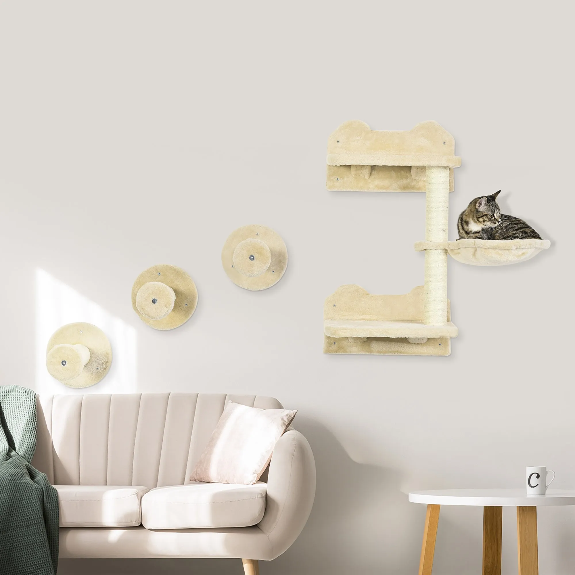 4Piece Cat Shelf Cat Wall FurnitureWith Hammock Steps Platforms Scratching Post Wall Mounted Cat Tree for Indoor Cat Beige