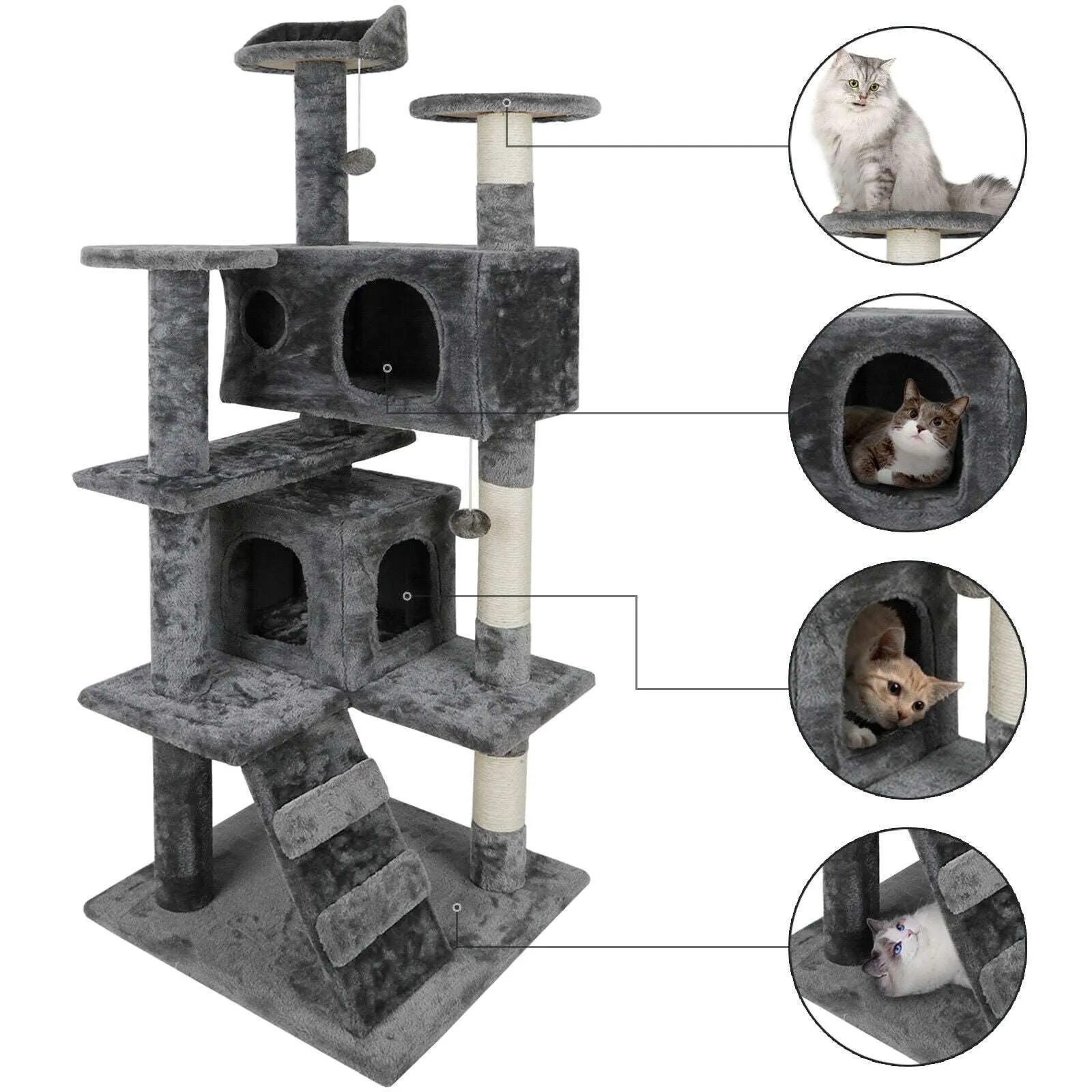 53" Cat Tree Scratching Condo Kitten Activity Tower Playhouse W/ Cave & Ladders