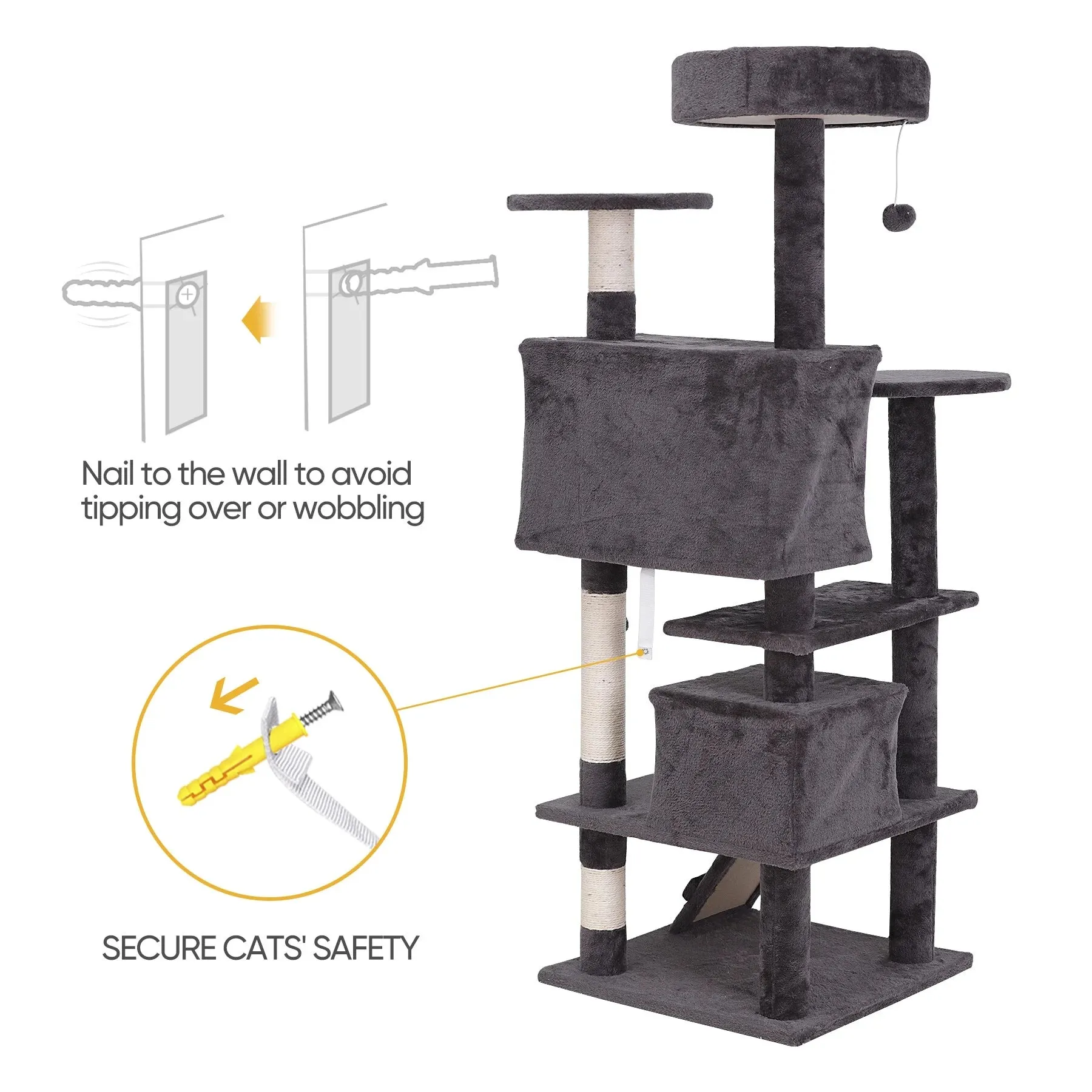 55''H Multi-Level Cat Tree Condo W/Scratching Post Tower & Perch, Play House Dark Gray