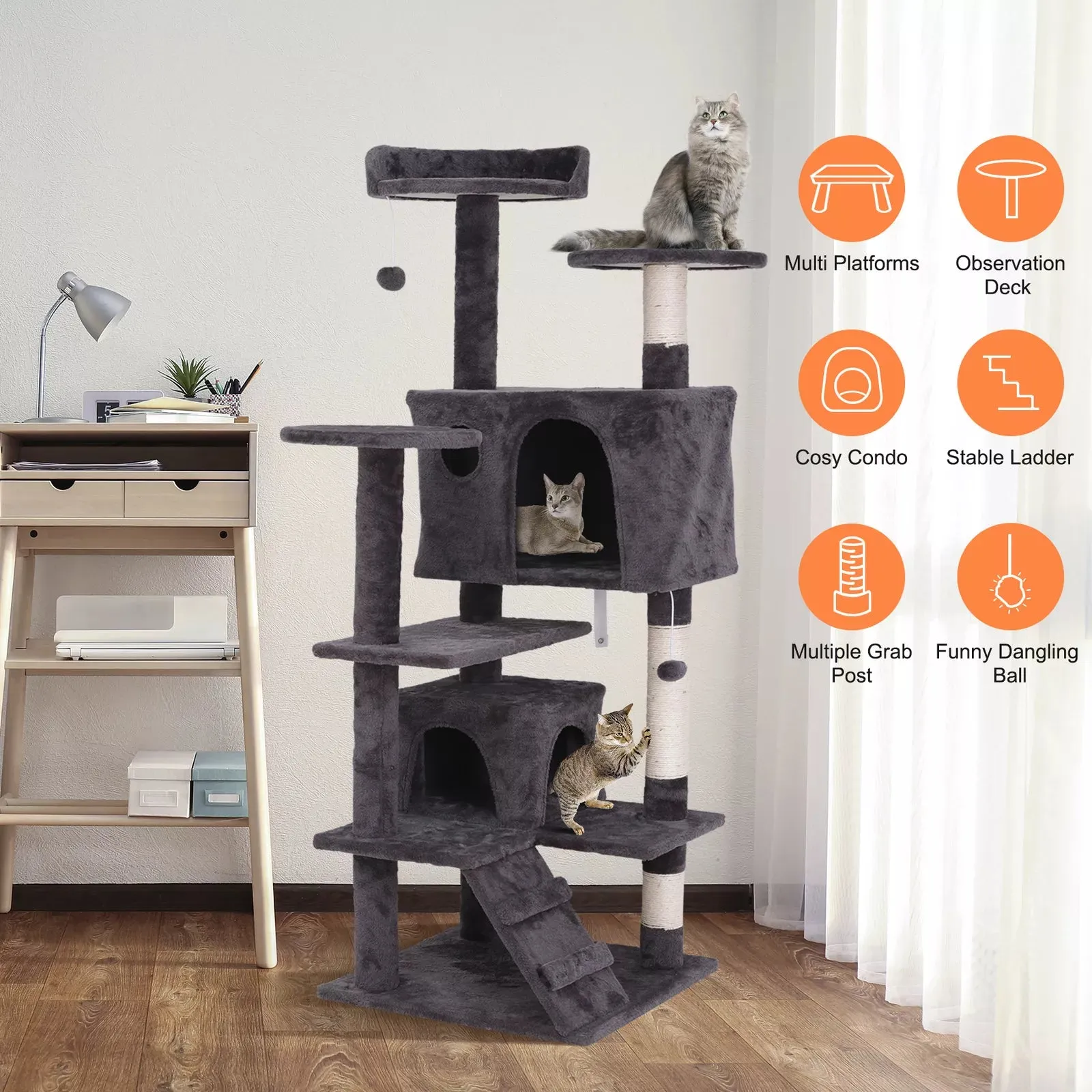 55''H Multi-Level Cat Tree Condo W/Scratching Post Tower & Perch, Play House Dark Gray