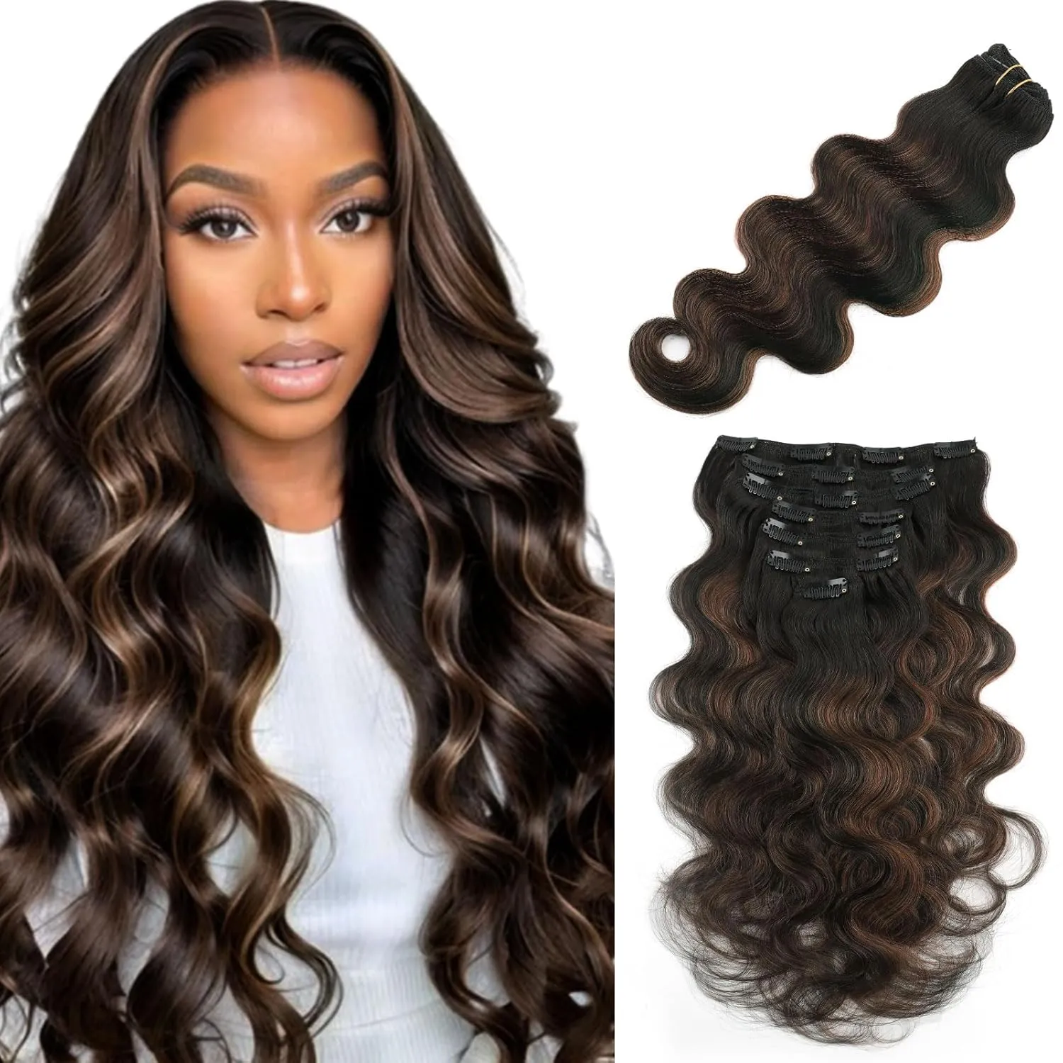 ABH AMAZINGBEAUTY HAIR Body Wave Clip in Hair Extensions Human Hair Body Wave Clip ins for Black Women Rooted Black Piano Natural Black #1B Mixed With Chocolate Brown #4 Two Tone 120G 22 Inch