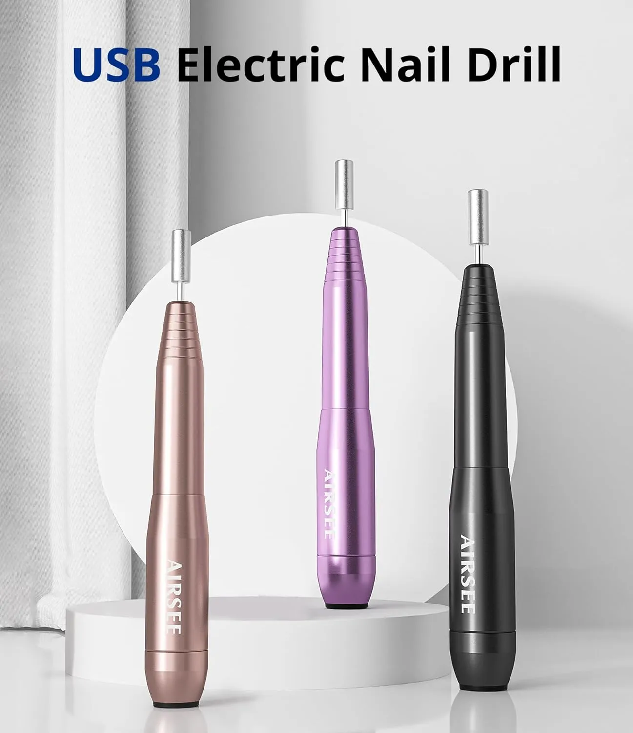 AIRSEE Home Lite USB Mobile Nail Drill Machine for Beginners Portable Nail File Manicure Pedicure Dremel Kit with 6 Bits 26 Sanding Bands for Home Acrylic Gel Nails Polishing DIY,Purple