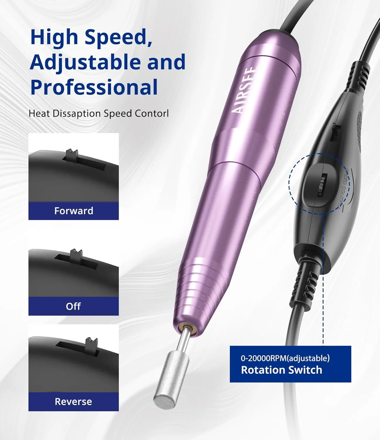 AIRSEE Home Lite USB Mobile Nail Drill Machine for Beginners Portable Nail File Manicure Pedicure Dremel Kit with 6 Bits 26 Sanding Bands for Home Acrylic Gel Nails Polishing DIY,Purple