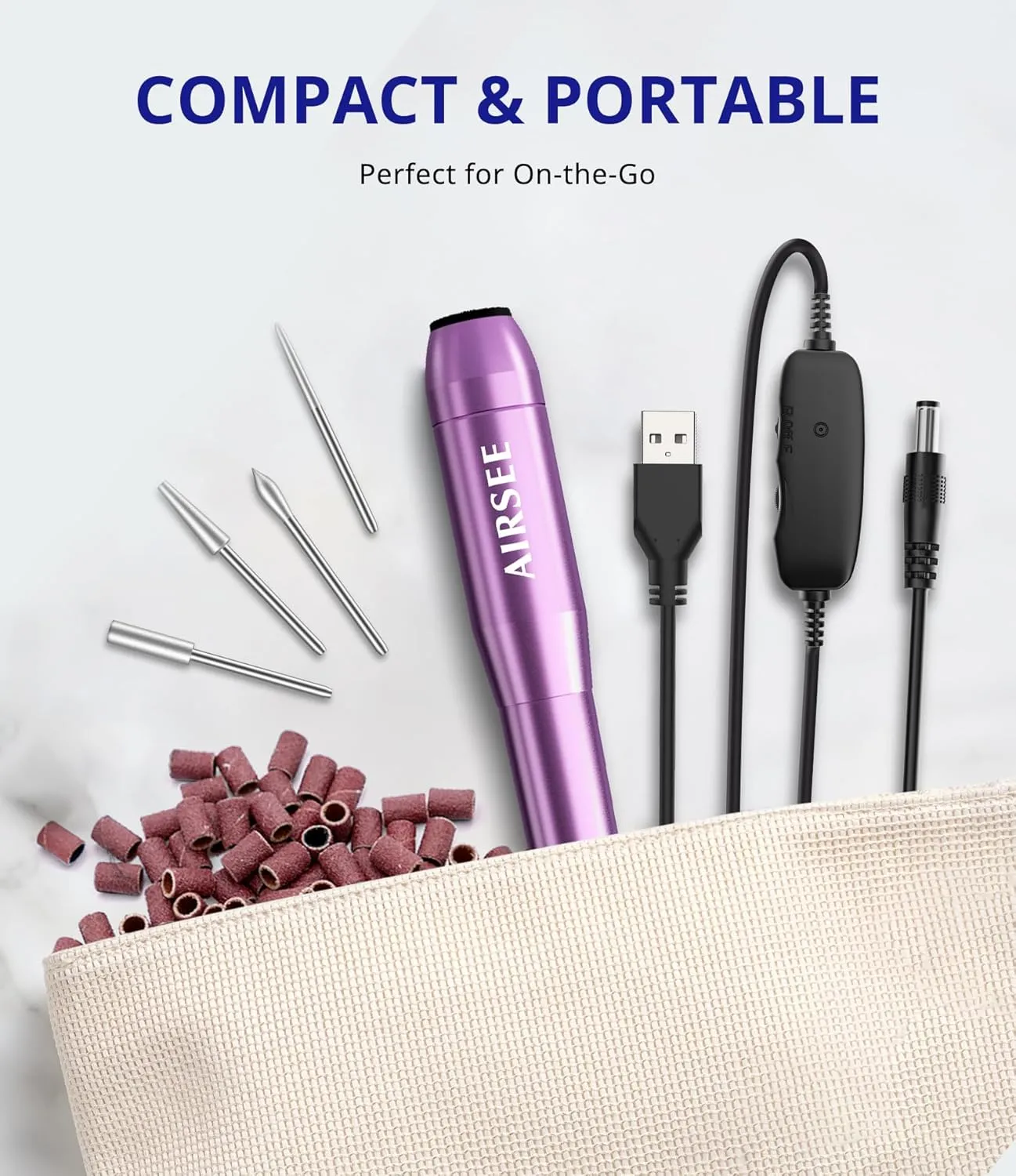 AIRSEE Home Lite USB Mobile Nail Drill Machine for Beginners Portable Nail File Manicure Pedicure Dremel Kit with 6 Bits 26 Sanding Bands for Home Acrylic Gel Nails Polishing DIY,Purple
