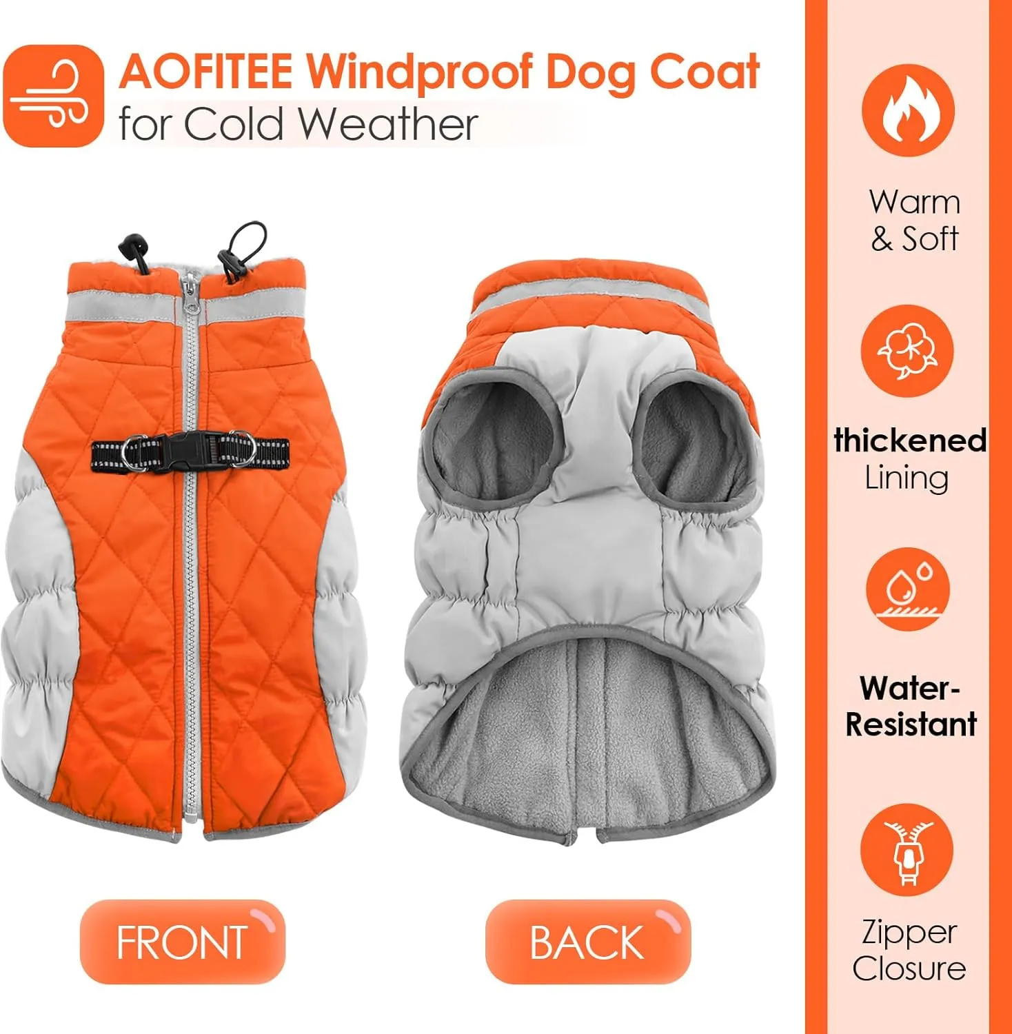 AOFITEE Dog Coat, Warm Dog Winter Coat for Small Dogs, Reflective Turtleneck Dogs Jacket with Harness Built in, Waterproof Windproof Pet Fleece Vest Snow Jacket for Cold Weather, Orange S