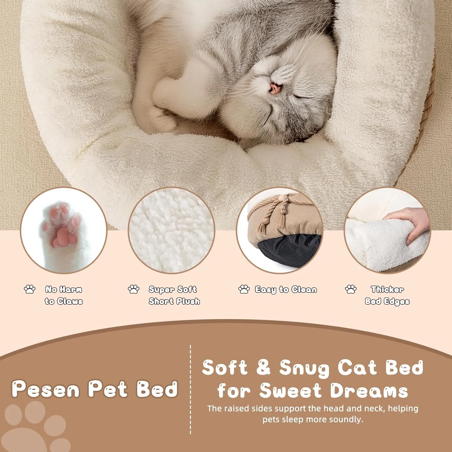 Cat Bed & Small Dog Bed with Supportive Walls, Thick Bottom, Calming Donut Shape, Soft Durable Fabric, 20x20x10 Cat Beds for Indoor Cats
