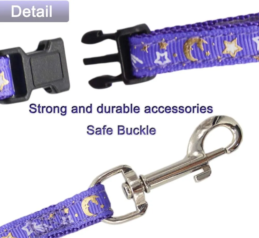 Cat Harness and Leash Set for Outdoor Walking Escape Proof Adjustable Soft Safety Strap with Golden Star and Moon Design Glow in The Dark Purple