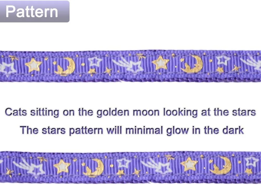 Cat Harness and Leash Set for Outdoor Walking Escape Proof Adjustable Soft Safety Strap with Golden Star and Moon Design Glow in The Dark Purple