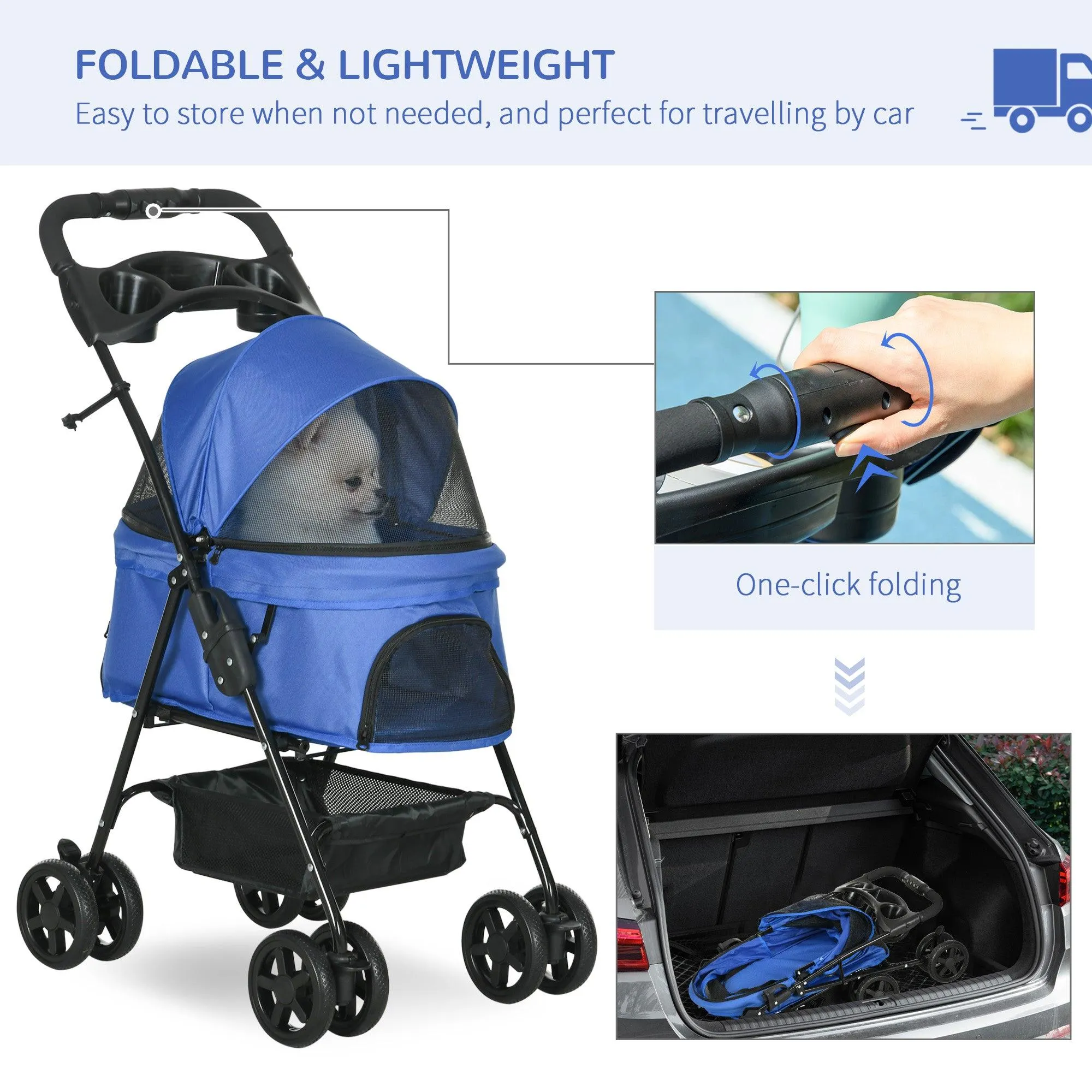 Cat Stroller with Rain Cover and EVA Wheels - Blue