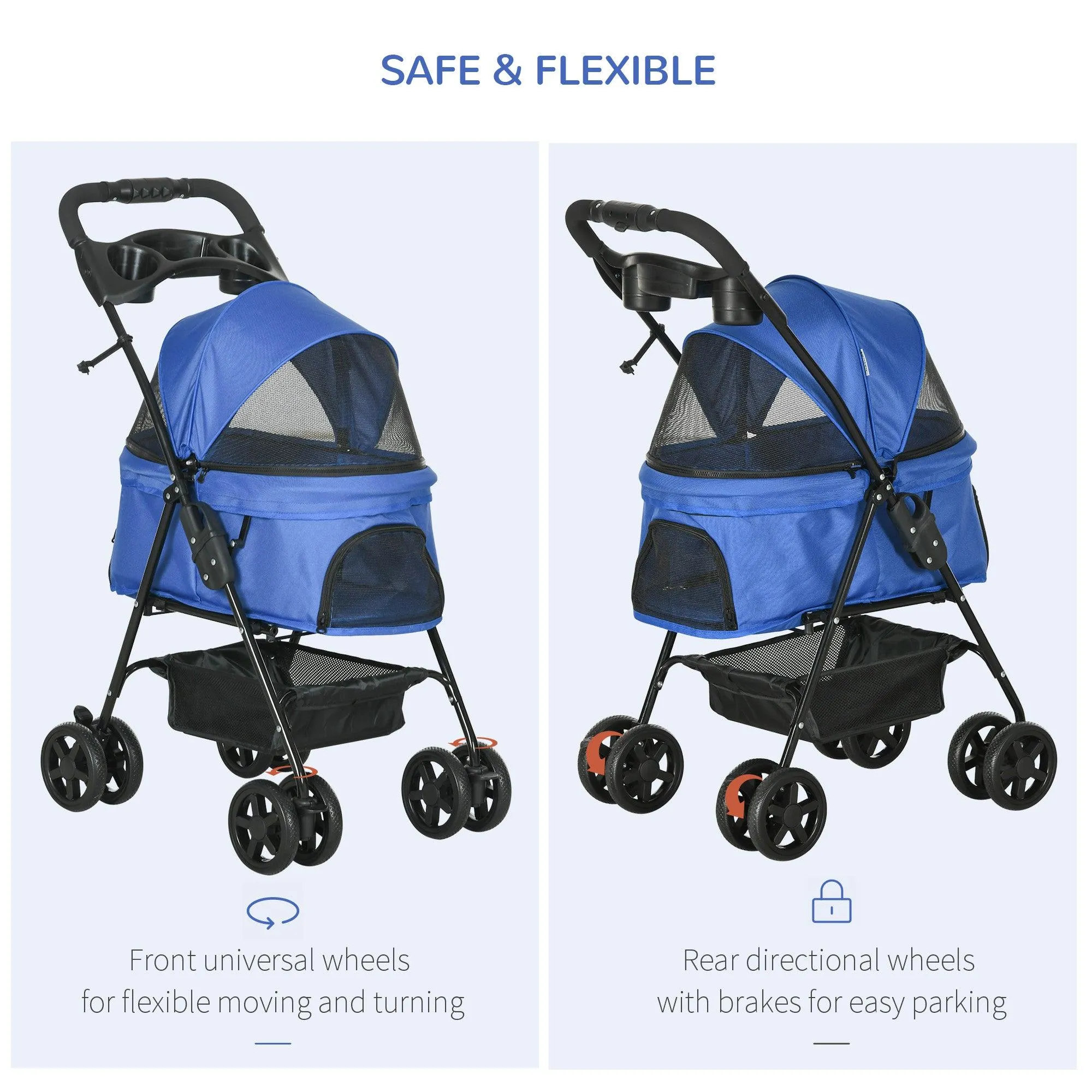 Cat Stroller with Rain Cover and EVA Wheels - Blue