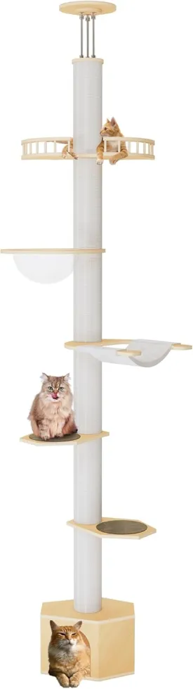 Cat Tree Floor to Ceiling Cat Tower, 7 Level Adjustable Height (86-118 Inch) Climbing Tower with 4.7 Thickened Scratching Post, Gothic Wood Cat Tree with Coffin Cat Bed Cat Condo, Cotton Rope