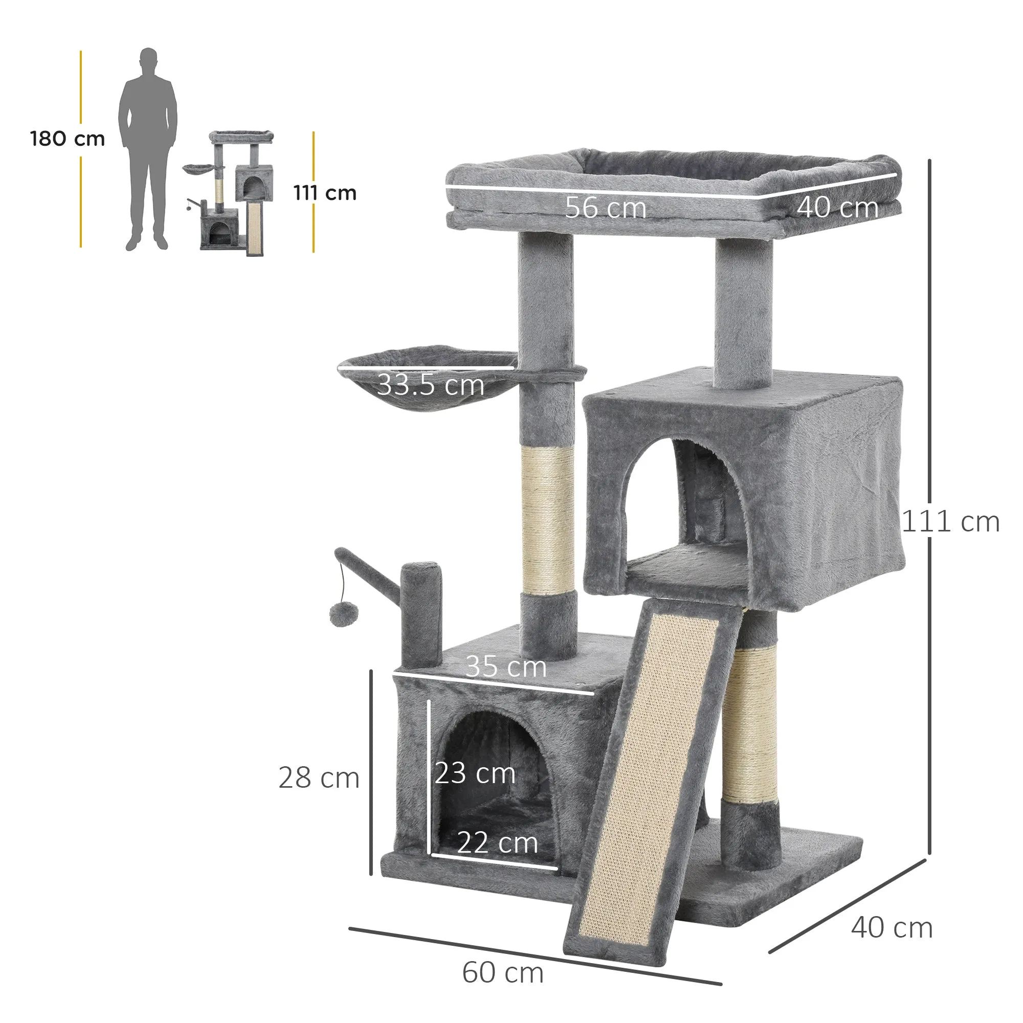 Cat tree Tower 111cm Climbing Kitten Activity Centre with Sisal Scratching Post Pad Perch Hanging Ball Hammock Condo Toy Grey