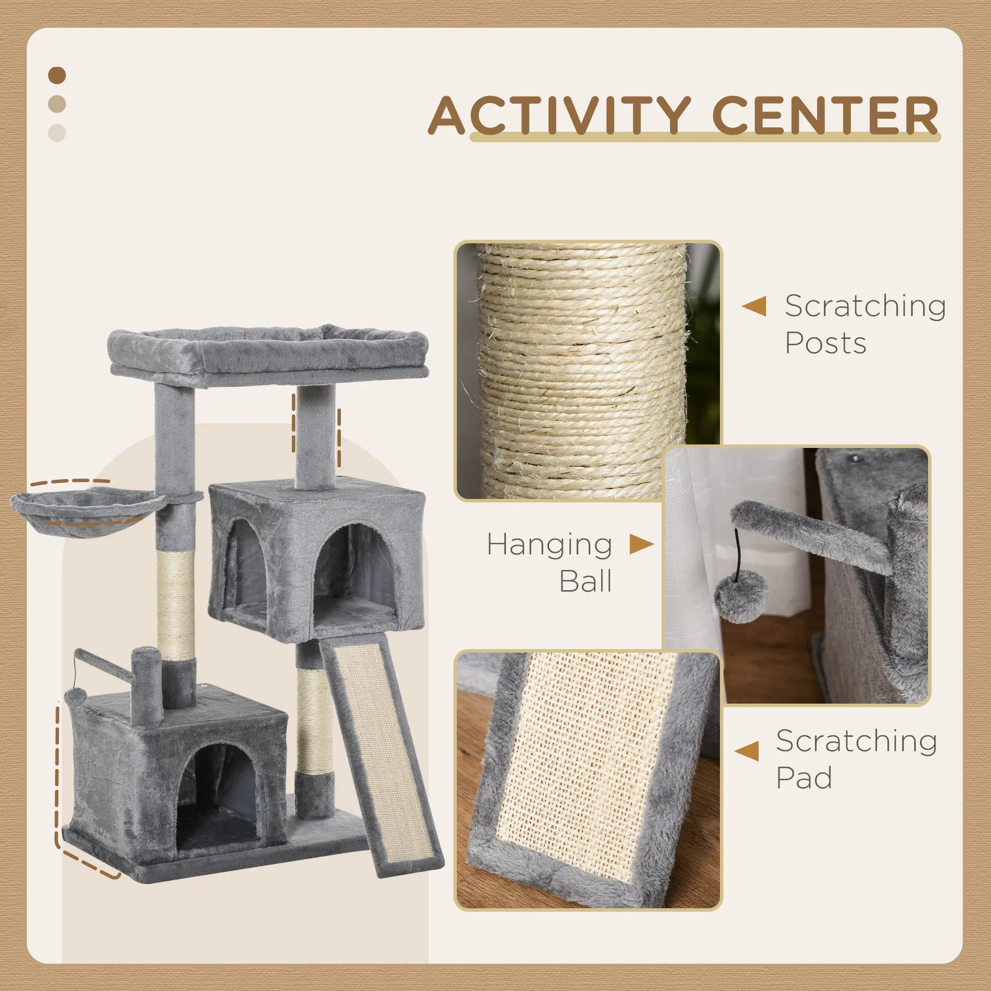 Cat tree Tower 111cm Climbing Kitten Activity Centre with Sisal Scratching Post Pad Perch Hanging Ball Hammock Condo Toy Grey