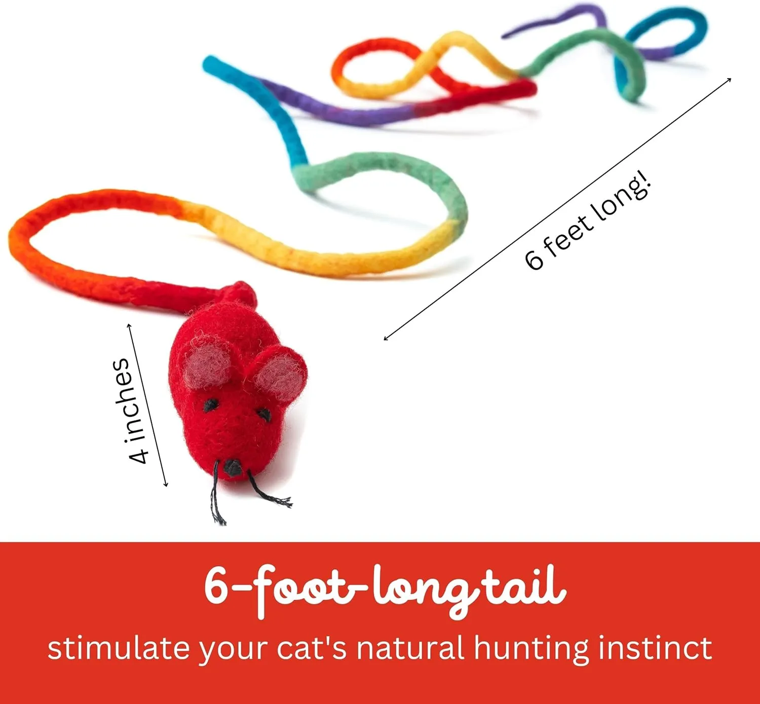 Catch a Mouse Wool Cat Toy with a 6-Ft Tail for Indoor Cats & Kittens. Cute Toy Mouse, Rat Plush Toy, Fake Mice. No Catnip. Pride (Rainbow)