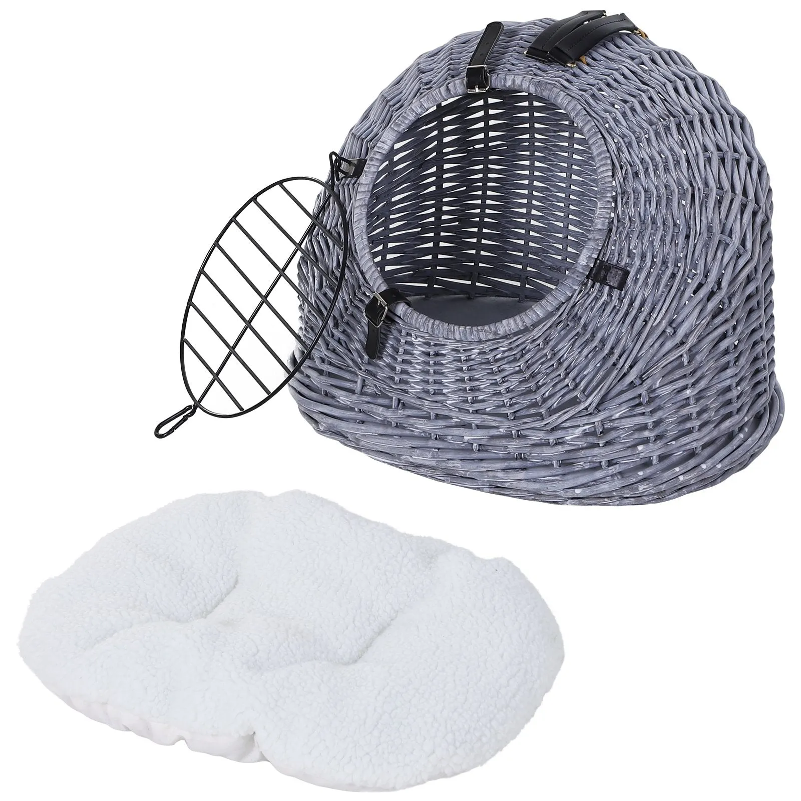 Cats Wicker Travel Carrier Basket w/ Plush Cushion Grey