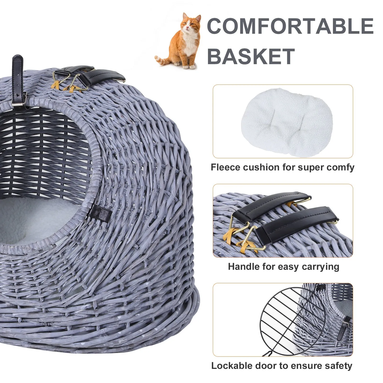 Cats Wicker Travel Carrier Basket w/ Plush Cushion Grey