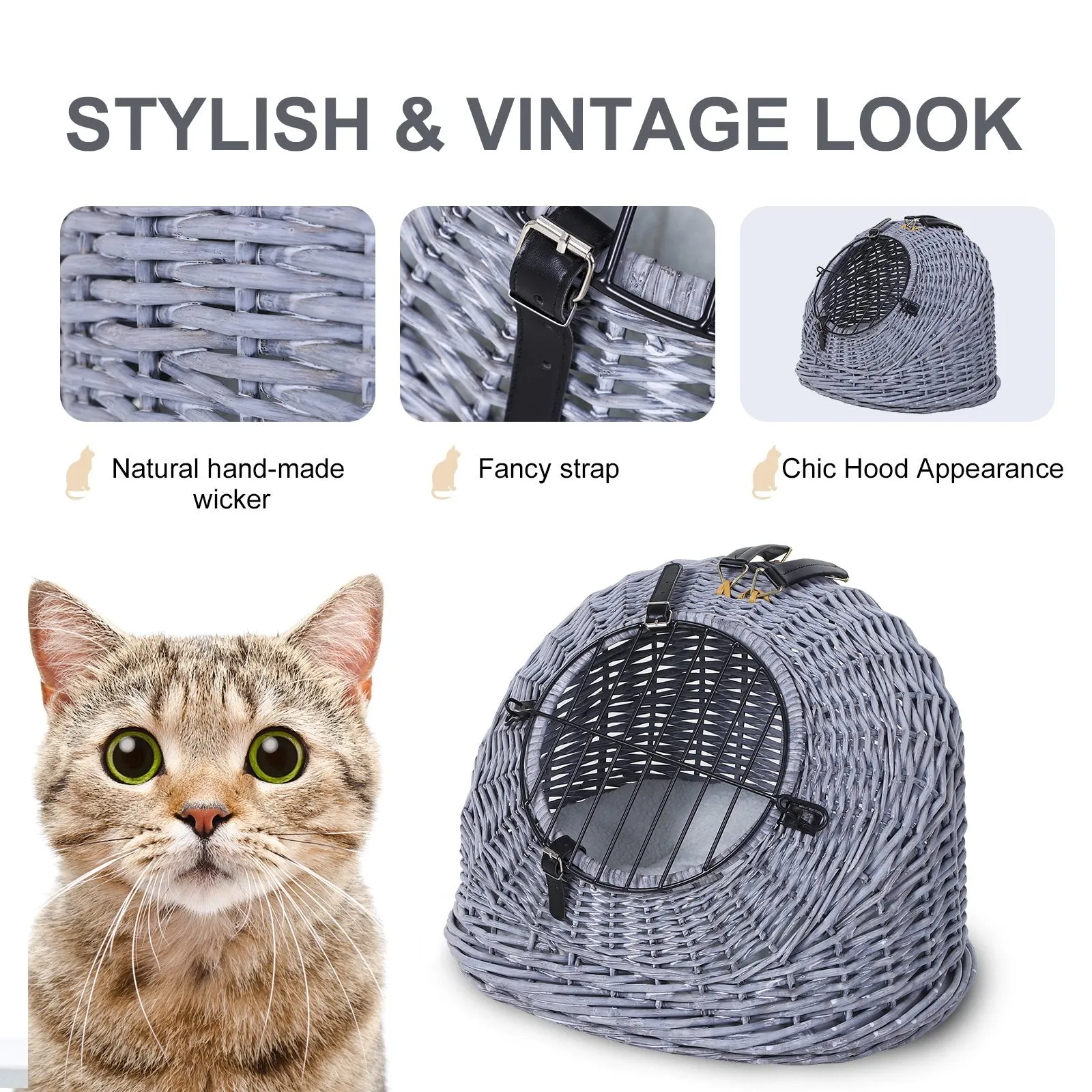 Cats Wicker Travel Carrier Basket w/ Plush Cushion Grey