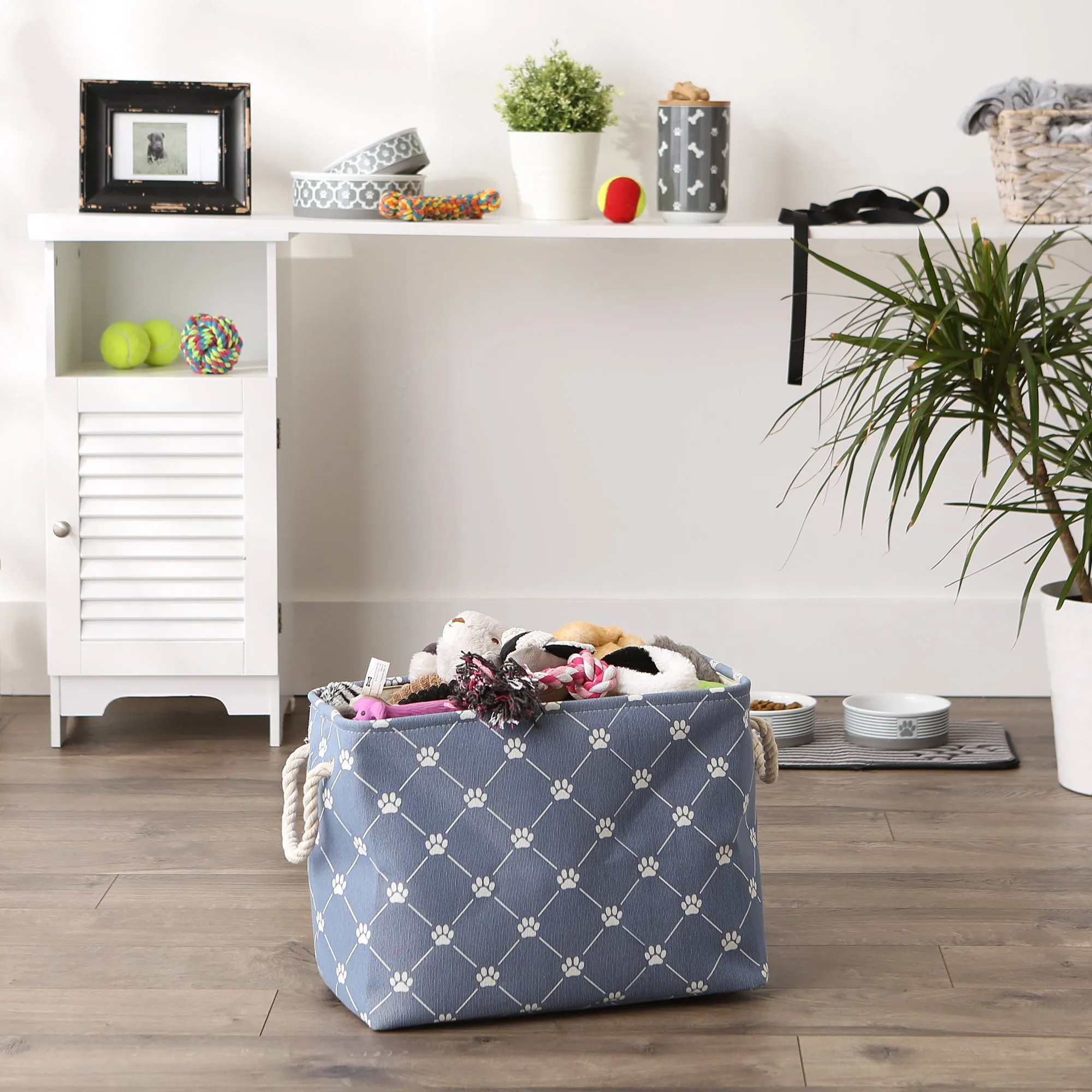 Collapsible Pet Storage Bin, Trellis Paw Print, Stonewash Blue, Medium - 16x10x12"