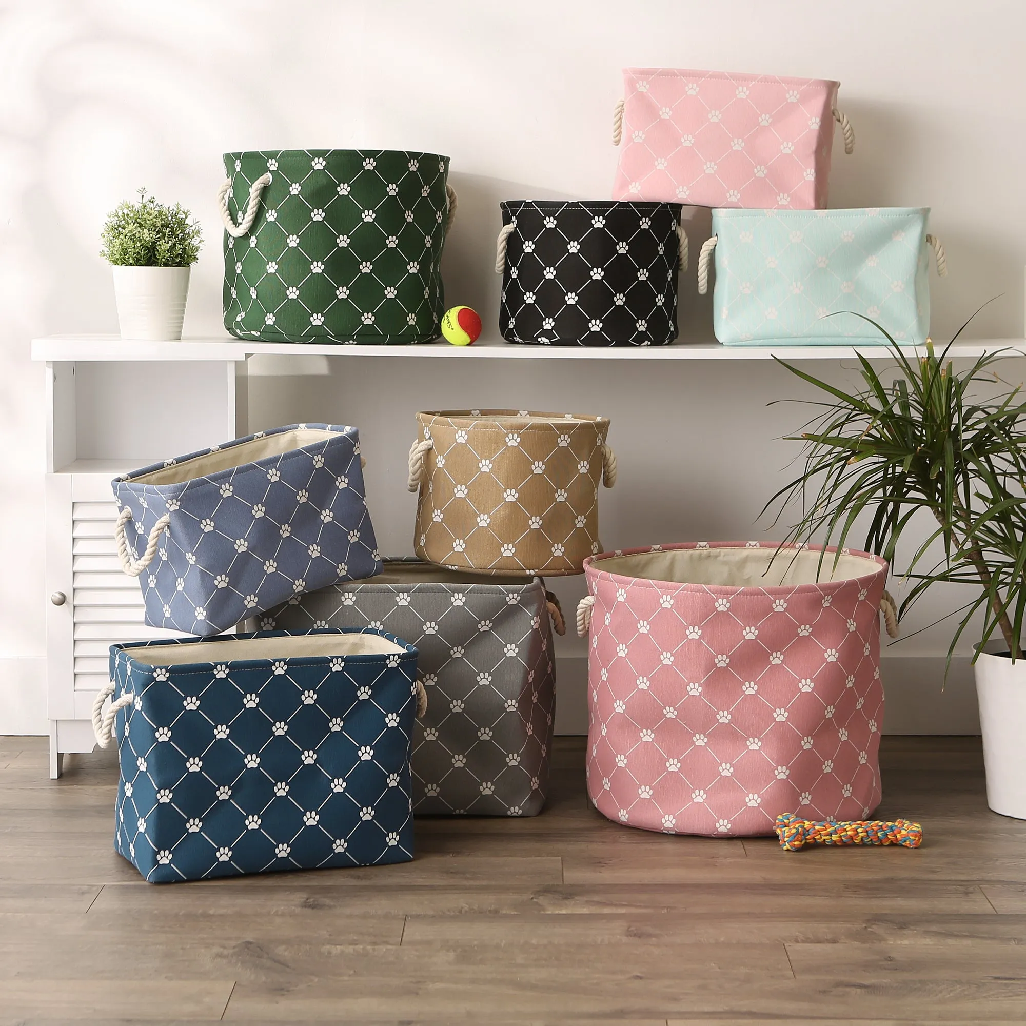 Collapsible Pet Storage Bin, Trellis Paw Print, Taupe, Medium - 16x10x12"