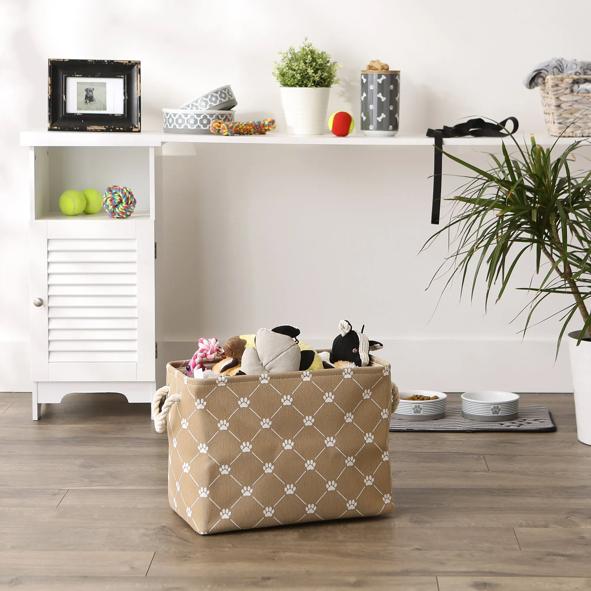 Collapsible Pet Storage Bin, Trellis Paw Print, Taupe, Medium - 16x10x12"