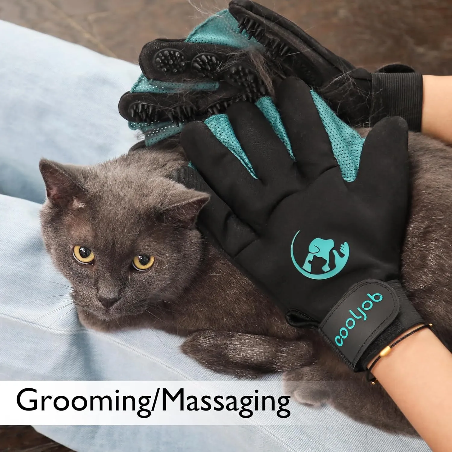 COOLJOB Patented Pet Grooming Gloves with Web, Reusable Washable Cleaning Brush Massage Hair Remover for Short Long Haired Dog Cat Horse Animal, Washing Bathing Shedding Supplies, Medium, Blue Black