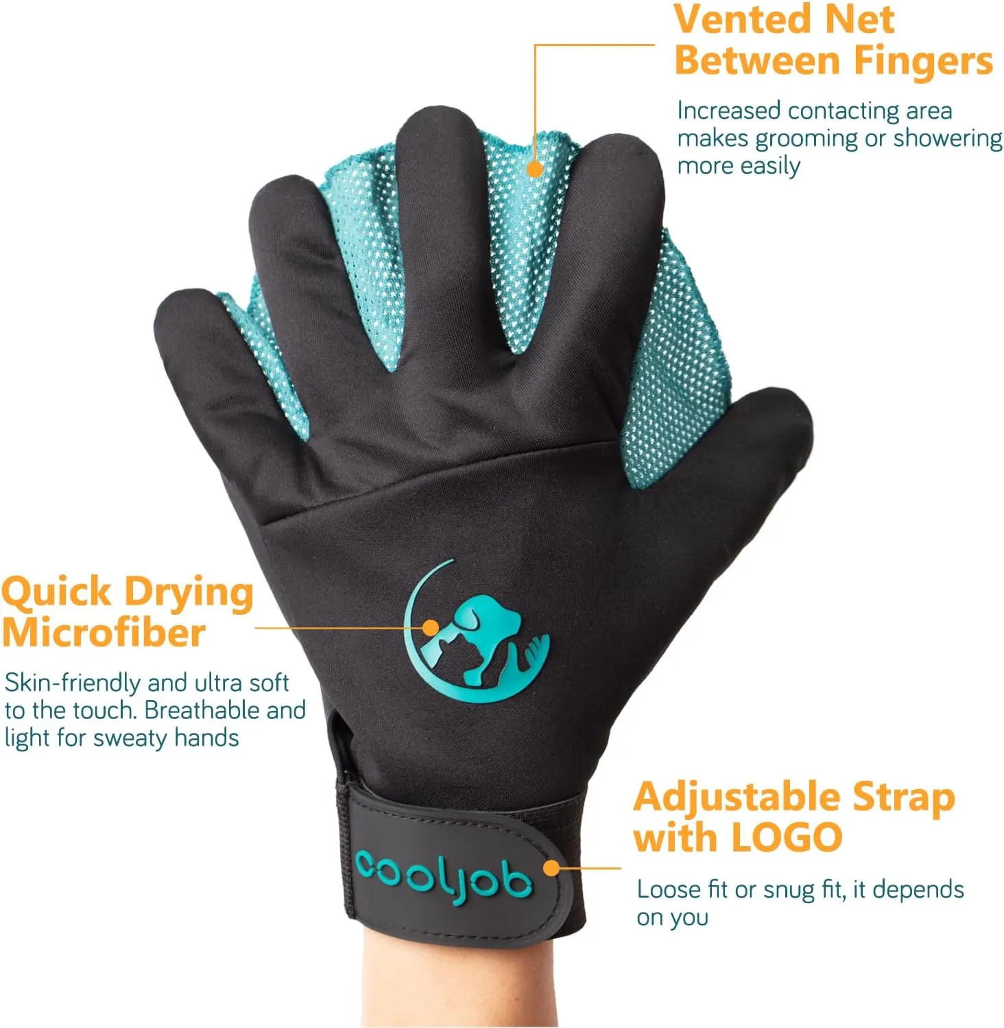 COOLJOB Patented Pet Grooming Gloves with Web, Reusable Washable Cleaning Brush Massage Hair Remover for Short Long Haired Dog Cat Horse Animal, Washing Bathing Shedding Supplies, Medium, Blue Black