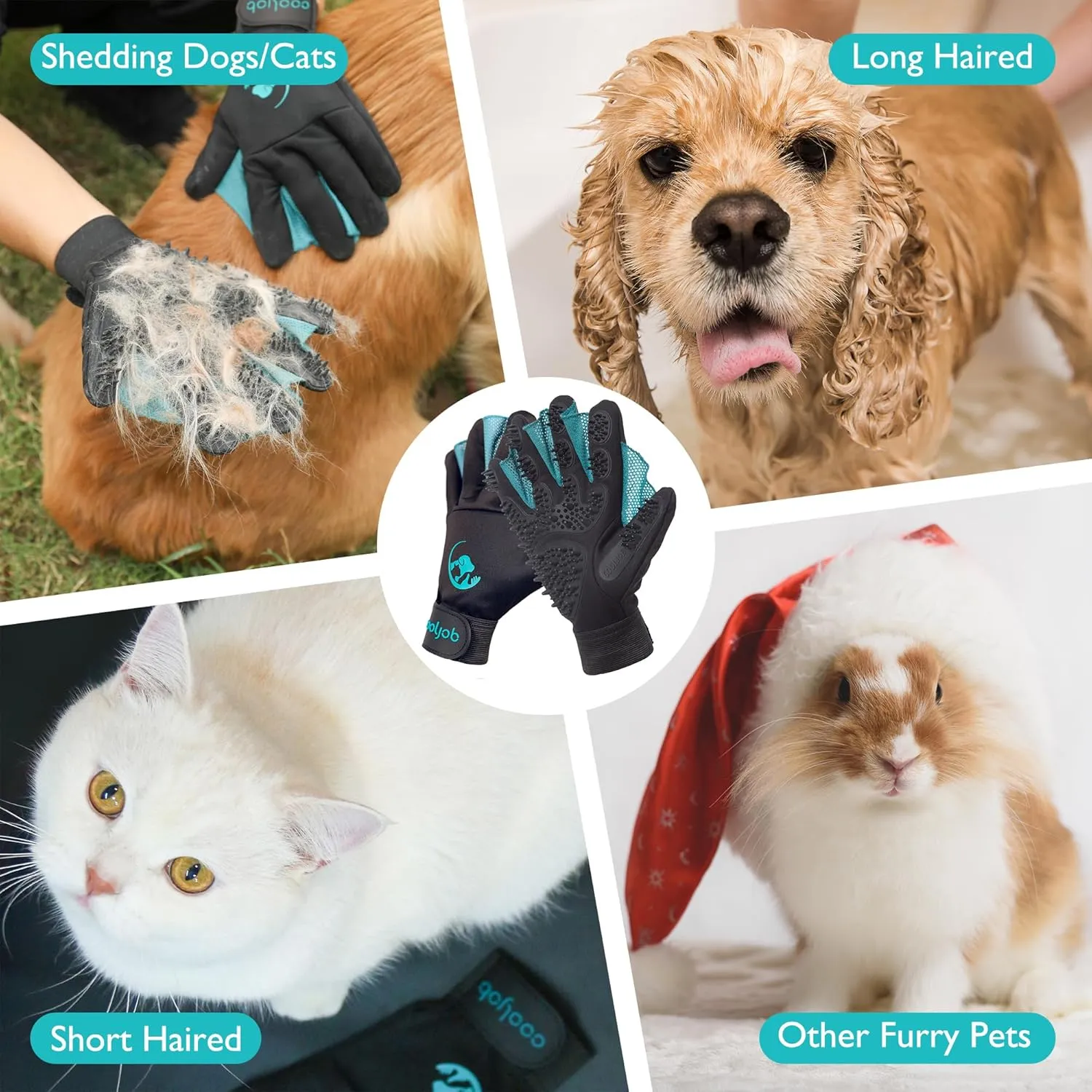 COOLJOB Patented Pet Grooming Gloves with Web, Reusable Washable Cleaning Brush Massage Hair Remover for Short Long Haired Dog Cat Horse Animal, Washing Bathing Shedding Supplies, Medium, Blue Black