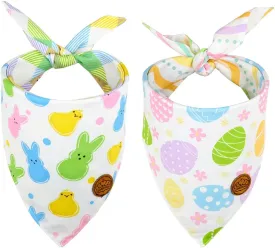 Crowned Beauty Easter Dog Bandanas Large 2 Pack, Colorful Bunnies Eggs Set, Floral Stripe Adjustable Triangle Holiday Plaid Reversible Scarves for Medium Large Extra Large Dogs Pets