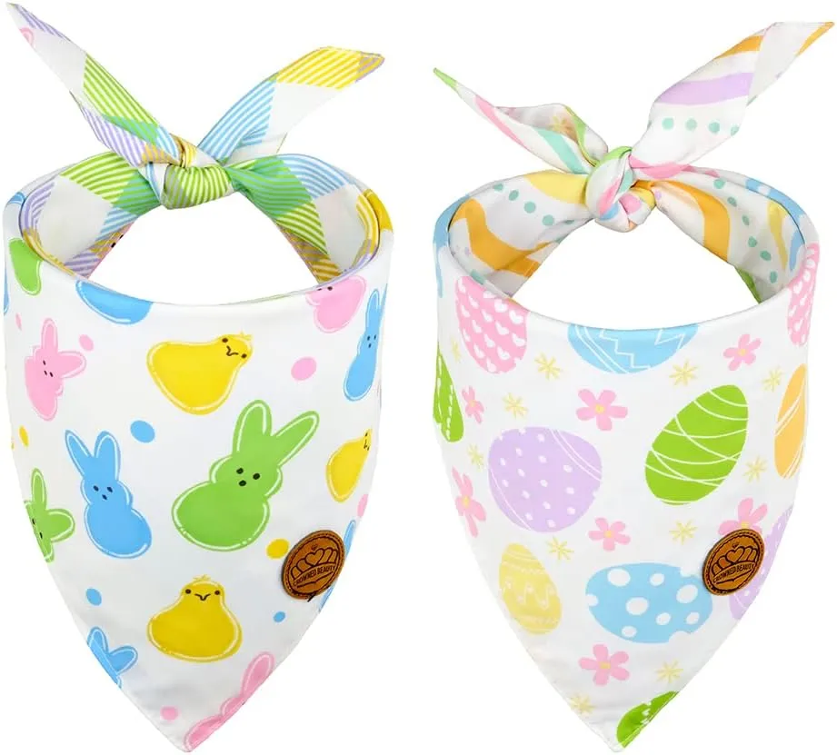 Crowned Beauty Easter Dog Bandanas Large 2 Pack, Colorful Bunnies Eggs Set, Floral Stripe Adjustable Triangle Holiday Plaid Reversible Scarves for Medium Large Extra Large Dogs Pets