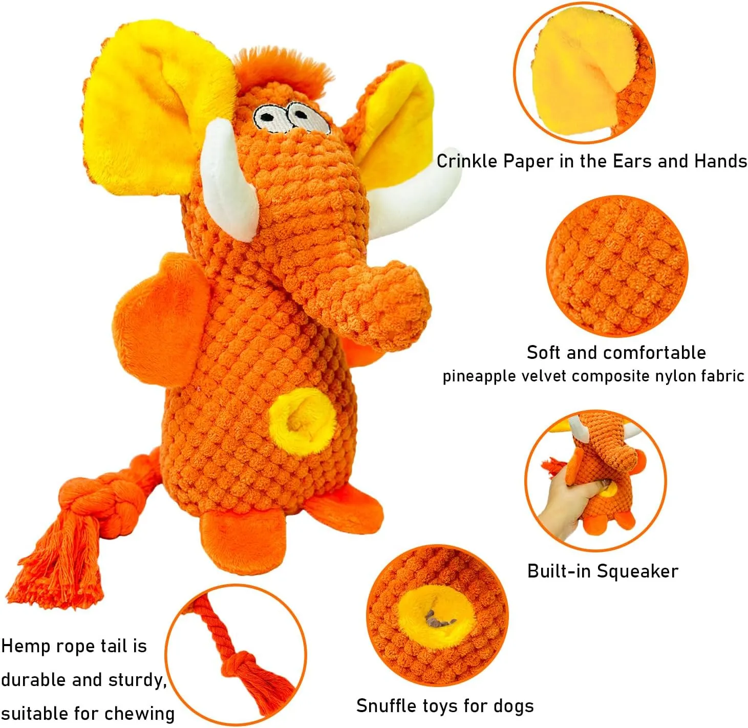Cute Plush Elephant Dog Toy with Squeaky Sound & Crinkle Paper - Perfect for Small, Medium & Large Dogs (Orange)
