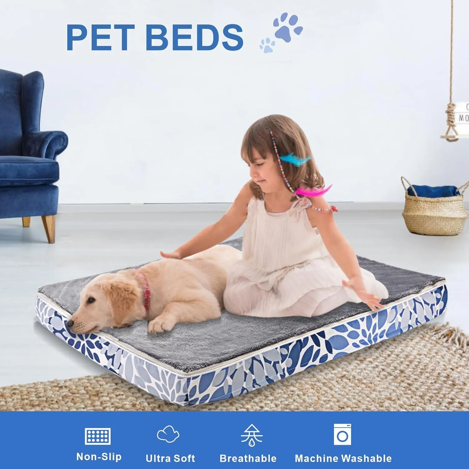 Dog Bed, Puppy Bed Dog Sleeping Mat Dogs Orthopedic Foam with Bolster Washable Pet Bed with Removable Cover