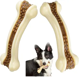 Dog Bones Chew Toys for Aggressive Chewers, 2 Pack Real Beef Flavor, Indestructible Dog Teething Toys for Large, Medium, Small Breeds, Tough Nylon Toy
