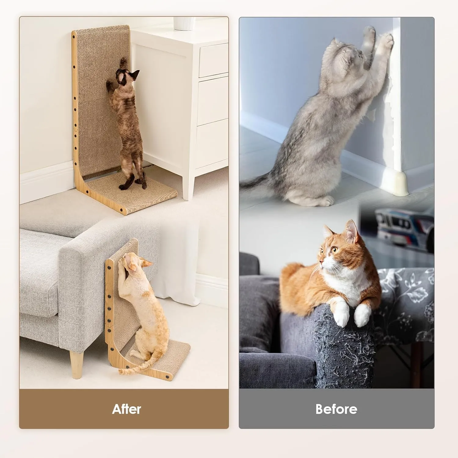EHEYCIGA Cardboard Cat Scratcher for Indoor Cats, 32 Inch L Shaped Vertical Cat Scratching Board with Ball Cat Toy, Extra Large Cat Scratcher Pad, Brown