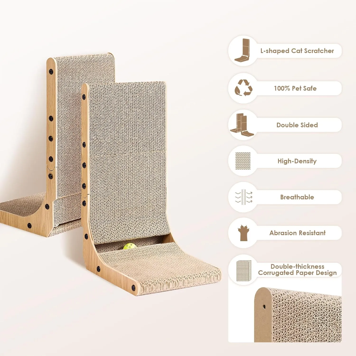 EHEYCIGA Cardboard Cat Scratcher for Indoor Cats, 32 Inch L Shaped Vertical Cat Scratching Board with Ball Cat Toy, Extra Large Cat Scratcher Pad, Brown