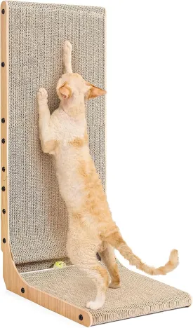 EHEYCIGA Cardboard Cat Scratcher for Indoor Cats, 32 Inch L Shaped Vertical Cat Scratching Board with Ball Cat Toy, Extra Large Cat Scratcher Pad, Brown